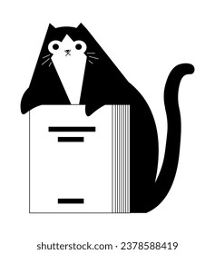 Domestic animal, feline pet sitting or hiding by book or documents. Isolated portrait of serious cat with long tail and whiskers, curious kitty personage with pile of papers. Vector in flat style