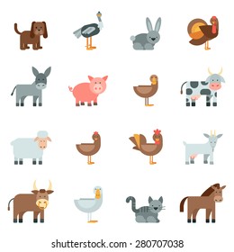 Domestic animal flat icons set with dog rabbit donkey isolated vector illustration