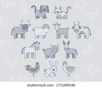 Domestic animal Icons set - Vector color symbols and outline of pets for the site or interface
