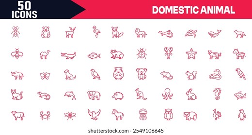 Domestic Animal Outline Icon Set,Editable Stroke Vector Illustration of Dog, Cat, Bear, Mouse, Sheep, Fox, Rabbit, Giraffe, Elephant