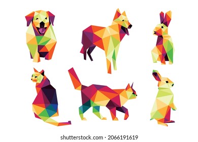 Domestic Animal Set in Colorful  low poly. cat dog rabbit kitten in colorful polygon