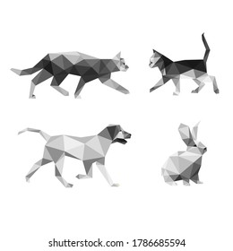 Domestic Animal Set in Monochrome Polygonal low poly. Grayscale abstract Icon Vector. cat dog rabbit kitten in Monochrome low poly