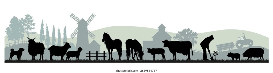 Domestic animal silhouettes on rural farm landscape background. Vector illustration.	