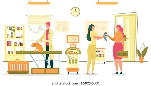 Domestic Animal Vaccination or Immunization and Health Care. Caring Loving People Take Care about Pets, Cats and Dogs. Animals Diseases Prevention and Medical Assistance. Flat Vector illustration.