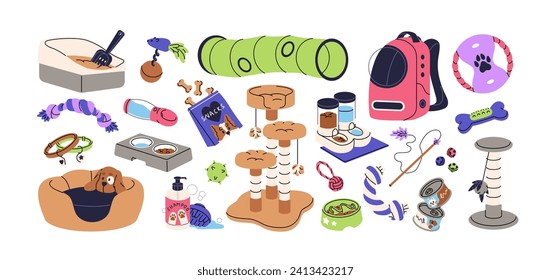 Accesorios para animales domésticos. Diferentes productos para mascotas. Juguetes, comida canina, portaaviones, bandeja de gato, cuencos, poste de arañazos. Vet store productos. Ilustración vectorial aislada plana sobre fondo blanco