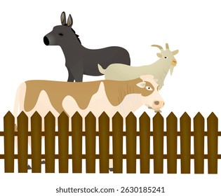 Domestic animals behind wooden fence. vector illustration