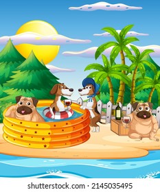 Domestic animals cartoon character on the beach illustration