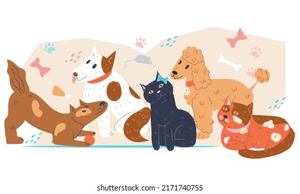 Domestic animals cats and dogs for topic of veterinary and pets health and care, flat vector isolated on white background. Banner layout for vet clinic and grooming service, pets adoption.