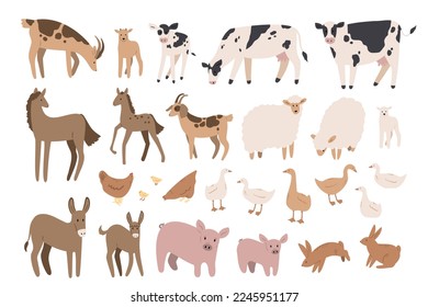 domestic animals clipart, farm life svg png ai illustrations, farmer flat vector style, chicken, sheep, goat, rabbit, cow, horse, duck, donkey, pig, goose svg