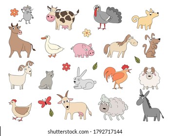 Domestic animals. Cute funny farm horse pig chicken duck bool and sheep vector coloring drawing set