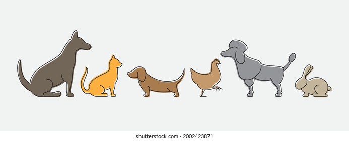 Domestic animals, dog, cat, dachshund, poodle, chicken, Alsatian, rabbit. Modern simple icon, silhouette, colorful design. Vector illustration isolated on white background.