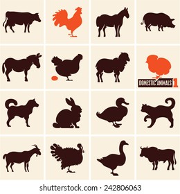 Domestic animals. Farm animals. Animals icons.