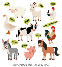 Animais domésticos. Fazenda. O que os animais fazem. Ilustração de cabra, vaca, galinha, ganso, ovelha, leitão, cavalo, burro, galo em estilo plano.