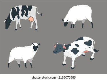 Domestic Animals Flat Vector Illustrations Set. Livestock, Husbandry Farming Isolated Design Elements With Outline. Cows, Sheep. Dairy, Poultry Farm. Barnyard Animals Collection