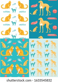 Domestic Animals and Food Seamless Pattern Set. Cat, Kitten and Dog, Puppy, Grilled Chicken and Fish, Sliced in Circles an Whole Sausages Repeated Design. Vector Endless Cartoon Illustration