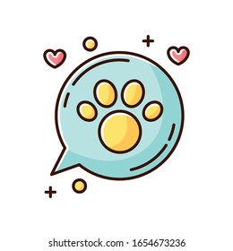 Domestic animals friendly area yellow and blue RGB color icon. Doggy and kitty permitted territory. Cats and dogs welcome, pets allowed zone, paw print in speech bubble. Isolated vector illustration
