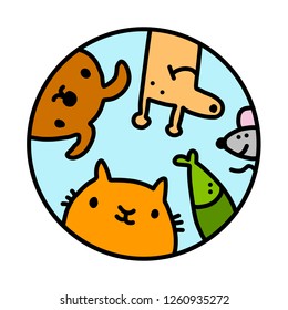 Domestic animals hand drawn illustration logo logotype cat dog fish mouse
