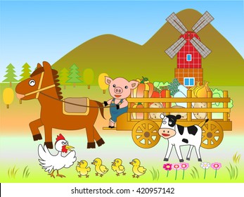 The domestic animals harvesting the vegetables of the farm.