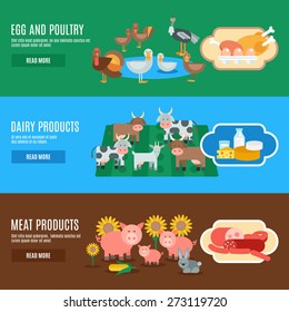 Domestic animals horizontal banner set with egg meat dairy products elements isolated vector illustration