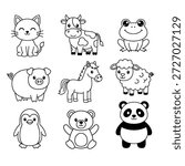 Domestic Animals Icon Pack. Thin line animal icon set. Flaticon collection. Simple vector icons. Animals include cow, cat, horse, frog, panda, penguin, sheep, pig, and bear.