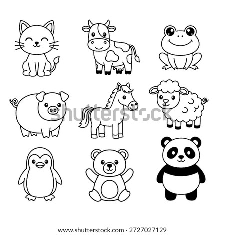 Domestic Animals Icon Pack. Thin line animal icon set. Flaticon collection. Simple vector icons. Animals include cow, cat, horse, frog, panda, penguin, sheep, pig, and bear.