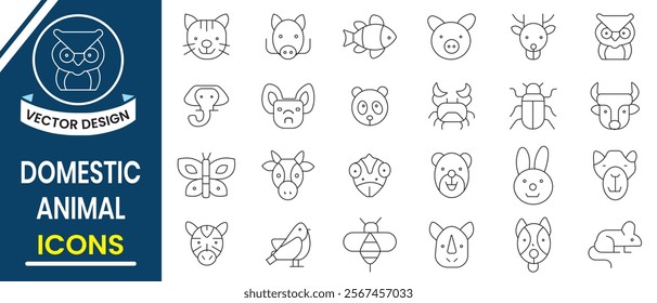 Domestic animals icon, vector set. Set of animal line icon, vector. Animal face icon. Vector illustration.