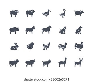 Domestic animals icons black set. Sheep, horse, deer, duck and goose, chicken with egg. Dog and cat sitting. Graphic elements for website. Flat vector collection isolated on white background