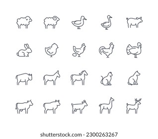 Conjunto de esquema de iconos de animales domésticos. Siluetas de mascotas y animales lindos. Caballo, oveja, vaca, pato y pollo con huevo. Gato y perro, gatito y cachorro. Colección vectorial plana aislada en fondo blanco