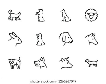 Domestic animals icons. Set of line icons on white background. Dog, sheep, rabbit, cat, cow, horse. Animals concept. Vector illustration can be used for topics like pets, farm, zoology