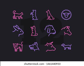 Domestic animals icons. Set of line icons on white background. Dog, sheep, rabbit, cat, cow, horse. Animals concept. Vector illustration can be used for topics like pets, farm, zoology