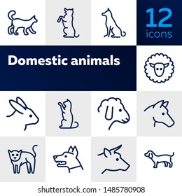 Domestic animals icons. Set of line icons on white background. Dog, sheep, rabbit, cat, cow, horse. Animals concept. Vector illustration can be used for topics like pets, farm, zoology