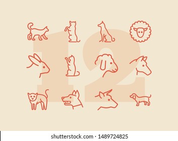 Domestic animals icons. Set of line icons on white background. Dog, sheep, rabbit, cat, cow, horse. Animals concept. Vector illustration can be used for topics like pets, farm, zoology