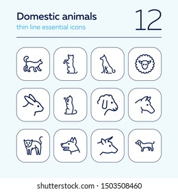 Domestic animals icons. Set of line icons on white background. Dog, sheep, rabbit, cat, cow, horse. Animals concept. Vector illustration can be used for topics like pets, farm, zoology