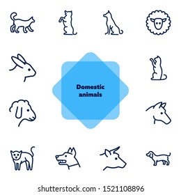 Domestic animals icons. Set of line icons on white background. Dog, sheep, rabbit, cat, cow, horse. Animals concept. Vector illustration can be used for topics like pets, farm, zoology