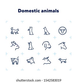 Domestic animals icons. Set of line icons on white background. Dog, sheep, rabbit, cat, cow, horse. Animals concept. Vector illustration can be used for topics like pets, farm, zoology