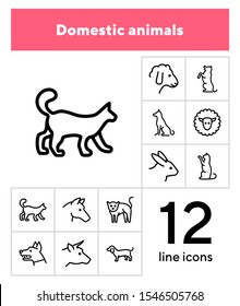 Domestic animals icons. Set of line icons on white background. Dog, sheep, rabbit, cat, cow, horse. Animals concept. Vector illustration can be used for topics like pets, farm, zoology