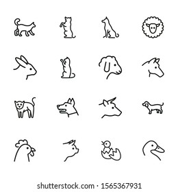 Domestic animals icons. Set of line icons on white background. Dog, sheep, rabbit, cat, cow, horse. Animals concept. Vector illustration can be used for topics like pets, farm, zoology