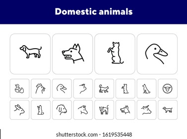 Domestic animals icons. Set of line icons on white background. Dog, sheep, rabbit, cat, cow, horse. Animals concept. Vector illustration can be used for topics like pets, farm, zoology