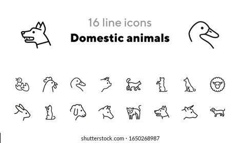 Iconos de animales domésticos. Conjunto de iconos de línea en fondo blanco. Perro, oveja, conejo, gato, vaca, caballo. Concepto de animales. La ilustración vectorial puede utilizarse para temas como mascotas, granjas, zoología