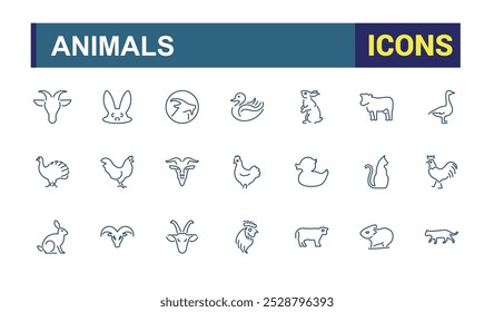 Domestic animals icons set. Thin line animal icon collections. Simple vector icons. farm and hunting animals. Editable vector stroke.