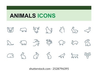 Domestic animals icons set. Thin line animal icon collections. Simple vector icons. farm and hunting animals. Editable vector stroke.