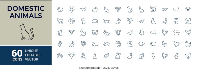 Conjunto de iconos de animales domésticos. Colecciones de iconos de animales de línea delgada. Iconos simples del vector. animales de la granja y de la caza. Trazo de Vector editable.