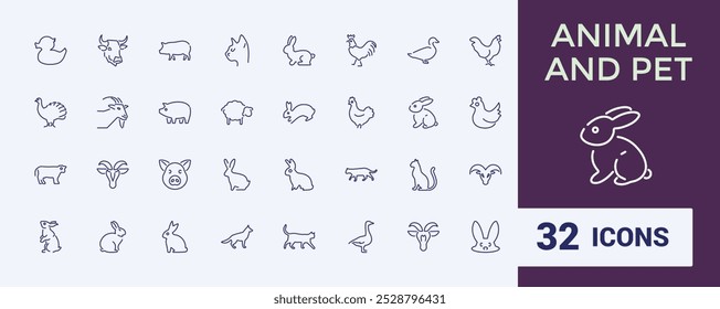 Conjunto de iconos de animales domésticos. Colecciones de iconos de animales de línea delgada. Iconos simples del vector. animales de la granja y de la caza. Trazo de Vector editable.