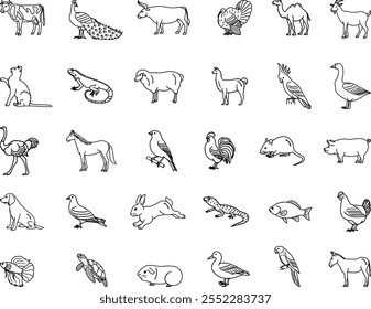 Domestic Animals Icons. Vector Illustrations Cow, Peacock, Bull, Turkey, Camel, Goat, Cat, Iguana, Sheep, Llama, Parrot, Goose, Ostrich, Horse, Rabbit, Mouse, Pig and Others