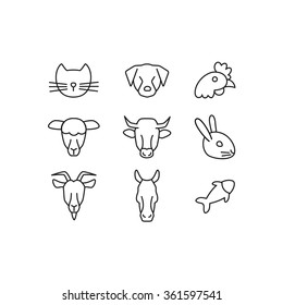 Domestic animals line icons set