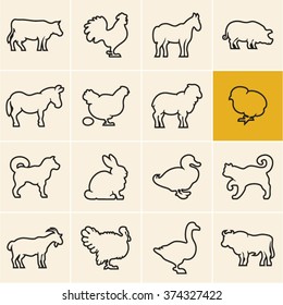 Domestic animals line icons set. Farm animals. Animals icons outline.