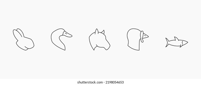 Juego de iconos de vectores lineales para animales domésticos. Contorno cabezas de animales de granja como conejo, pato, caballo, pavo y pescado. Trazo editable