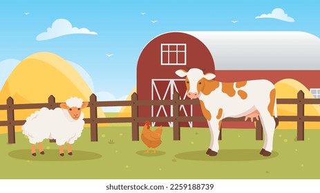 Domestic animals on farm. Cow, chicken and sheep on ranch, farming and farming. Rural area and rural mammal, village. Ecologically clean area. Cartoon flat vector illustration