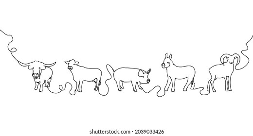 Domestic animals one line set. Continuous line drawing of cow, pig, bull, sheep, donkey.