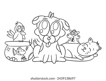 Domestic animals, outline, cute pets, coloring page, cartoon, hand drawn